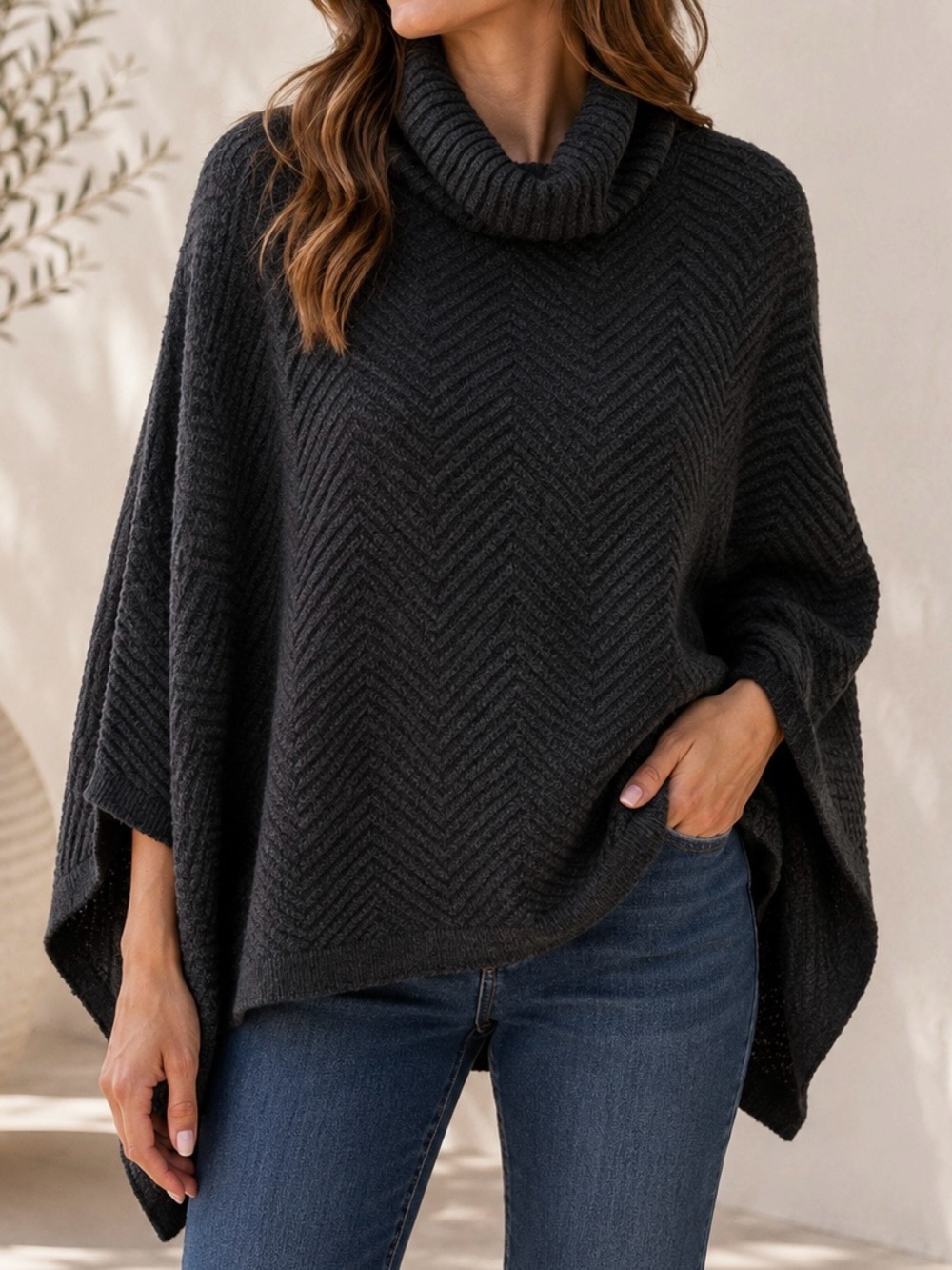 DEMDACO Gray Cowl Neck Poncho Sweater One Size Chevron Knit Oversized Cozy Wrap